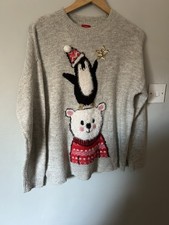 Christmas Jumper Penguin Polar Bear Cute Fluffy Pom Pom Sequins Size M Grey Xmas