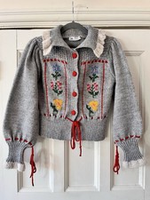 Zara Boho Vintage Kitsch Floral & Tie Grey Cardigan With Peter Pan Collar Size S