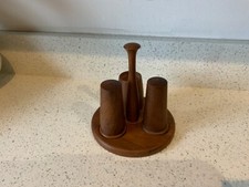 Vintage Mid Century Teak Wooden Cruet Stand Salt Pepper tooth pick pot  Danish