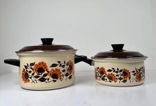 Vintage Floral Enamel Ware Cooking Pot and Saucepan X 2 1970’s 1980’s Retro