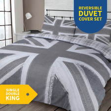 Grey Union Jack Duvet Cover & Pillowcase Set Reversible Cotton Rich Easy Care