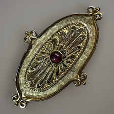 Vintage Gold Tone Marquise Shape Brooch Brown Cabochon Victorian Revival