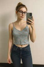 SHEIN Blue Ditsy Floral Cami Crop Top Lettuce Hem Spaghetti Straps – Size S