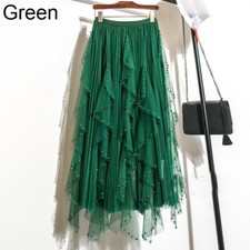 Lady Mesh Tutu Skirt Beaded Layered Pleated Ruffled Elastic Waist Summer Casual