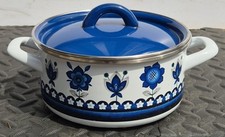 Vintage Enamel Coated Steel Cooking Pot 2 Handles + Lid, White & Blue Floral