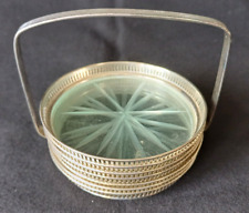 Wallace Sterling Silver & Engraved Glass 6 Coaster Set in Silver Rack c1940's