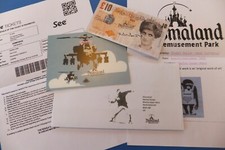 Banksy signed tenner & Dismaland stamp + Original postcard 2015 from WSM Lils88