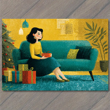 Art Print Woman Sitting on Sofa Holding Gift Christmas Tree Cozy Living Room Sce