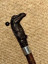 Antique Walking Stick Cane Hand-Carved Gadget Tongue Crocodile & Chinese Silver