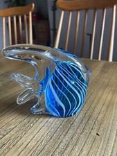 Vintage Hand Blown White And Blue Striped Art Glass Fish Figurine, Murano style