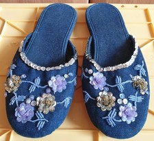 Women's Denim Blue Floral Sequin Embellished Slip On Flat Slippers 4.5 UK 37 Eur