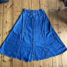 Vintage Boho Retro 70s-Style Midi Denim Circle A-line Skirt Button Up, W28 L31.5