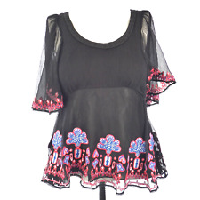 Bohemian Blouse Laura Lees Embroidered Black Sheer Chiffon Top Angel Sleeve S