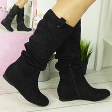 Ladies Mid Calf Boots Womens Pixie Rouched Long Slouch Hidden Wedge Shoes Sizes