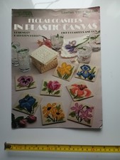 Floral coasters in Plastic canvas designs by Kathleen Hurley, crafting leaflet