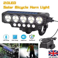 Solar Powered&USB Rechargeable Super Bright LED Bike Headlight+Horn Kits UK