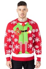 New Men's Christmas Jumpers Xmas Santa Elf Gift Bell Pom Novelty Pullover Top