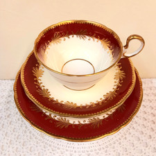 Antique 1940s AYNSLEY Bone China Tea Set RUTLAND MAROON & GOLD LEAF Design RARE