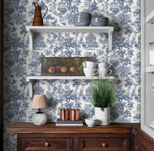 Blue vintage toile peel - blue,