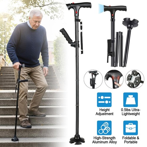 Folding walking stick with - folding, led