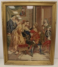 Stuarts Era Gathering Scene VINTAGE ORIGINAL Cross Stitch Tapestry FRAMED - S45