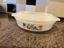 Vint. Phoenix Opalware milk glass shallow casserole w lid, floral design, 1960s