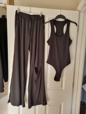 Brand New Black Split Knee Co Ord Set Size Large Wide Leg Trouser + Bodysuit