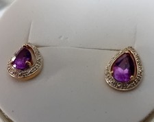 Pair of 9ct Yellow Gold   Amethyst & Diamond Pierced Earrings