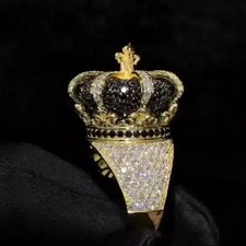 Simulated Round Cut Diamond Pave King Crown Wedding Ring 14K Yellow Gold Finish