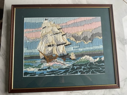 Vtg 70s framed sailing ship - 70s,