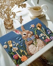 4 Placemats Vintage HARE Rabbit Colourful Blue Printed Non Slip Table Mats 