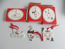 3 VINTAGE RUSS CHRISTMAS OLDE TOWNE CERAMIC ORNAMENTS  SLEIGH, GOOSE AND HOUSE