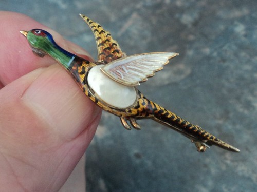 Gold enamel pheasant - pheasant, brooch