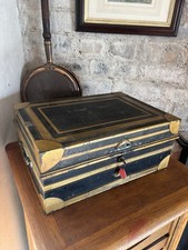 19th Century Metal Travel Safe Box with Key and Original Paint Vintage Antique