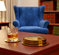 6 Classic Gold Coloured Drinks Coasters. 3.5” Diameter and Coaster Holder. 