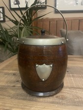 Vintage Wooden Ice Bucket with Ceramic Inlay and Silver Plated Lid Handle Shield