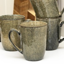 Set Of 4 Green Reactive Glaze Mugs Stoneware 380ml Speckle Hot Tea Coffee Cups