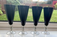 Rare Set 4 Large Vintage Black Wine Glasses Goblets With Clear Glass Stems