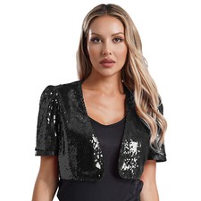 Women Glitter Sequin Short Sleeve Open Front Crop Bolero Shrug Cardigan Jacket