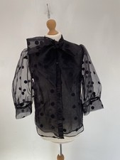 ZARA Size Medium Blouse Black Organza Polka Dot Pussybow Puff Sleeves Goth New