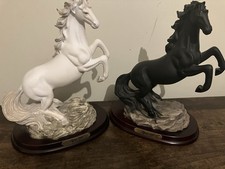 Pair Of Capacino Black And White Prancing Horses Ceramic Statues
