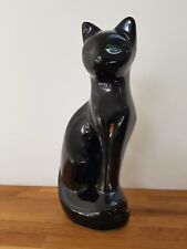 Vintage Black Glazed Ceramic Cat Ornament Decorative 21cm Handmade