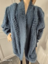 Ladies Luxurious Open Front Long Angora Cardigan In Navy Blue