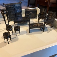 Vintage Chinoiserie 10 Piece Furniture Dolls House Black Lacquer & Gold