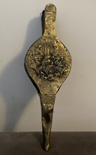 20th Century Brass Bound Wood & Leather Fire Bellows With Tavern Scene 45cm