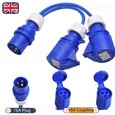 16A Splitter Cable 240V Generator 2 Way Hook Up Y Piece 2 x 16 Amp Sockets Blue
