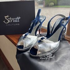 Strutt Couture Zabrina Mirror Metal Leather Silver Sling backs Blue Velvet EU 40