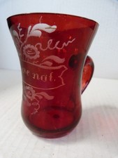 Victorian Glass Mug ‘Forget Me Not’ Antique Cranberry glass Hand etched