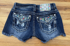 Miss Me Jean Shorts Women's Blue Denim 25 Aztec Tribal Embroidered Boho Frayed