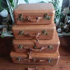Stack of 4 Vintage Leather  Suitcases Storage Prop 